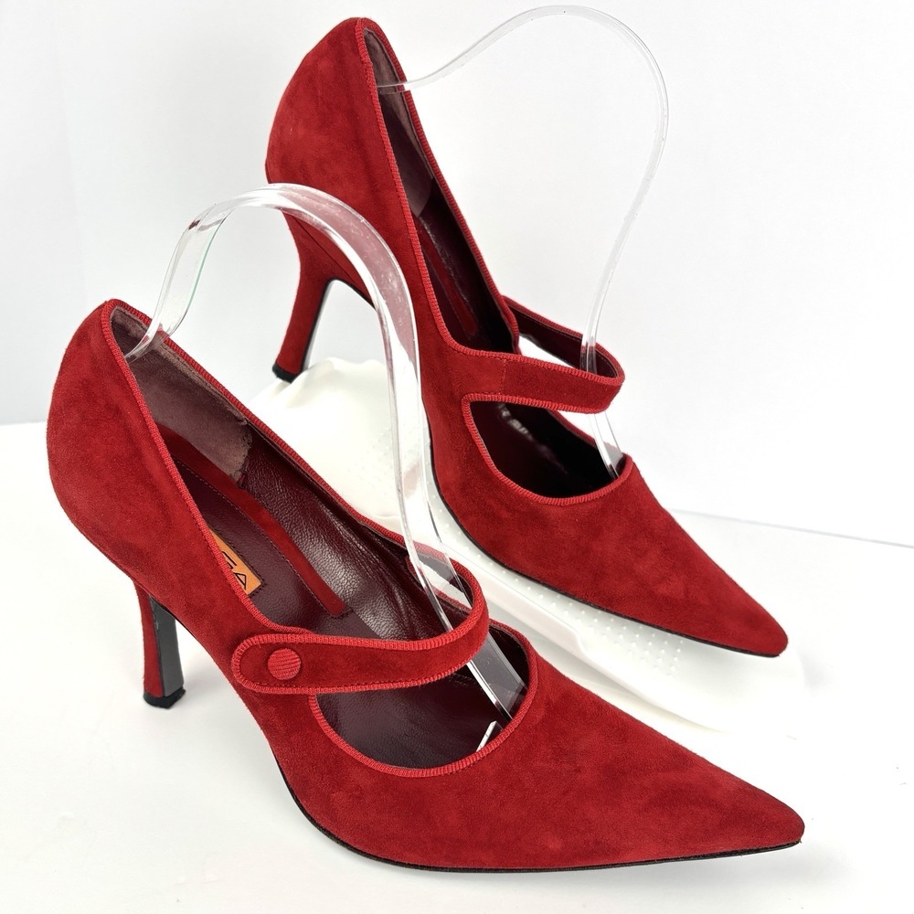 Via Spiga Red Suede Mary Jane Pumps Heels Women's 8.5 M Italy Pointed Toe 39 EU - Picture 2 of 13